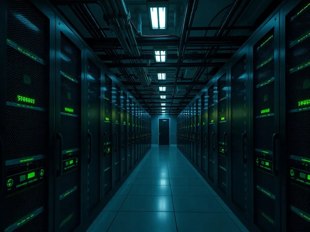 A high-tech server room with glowing green status lights, mi