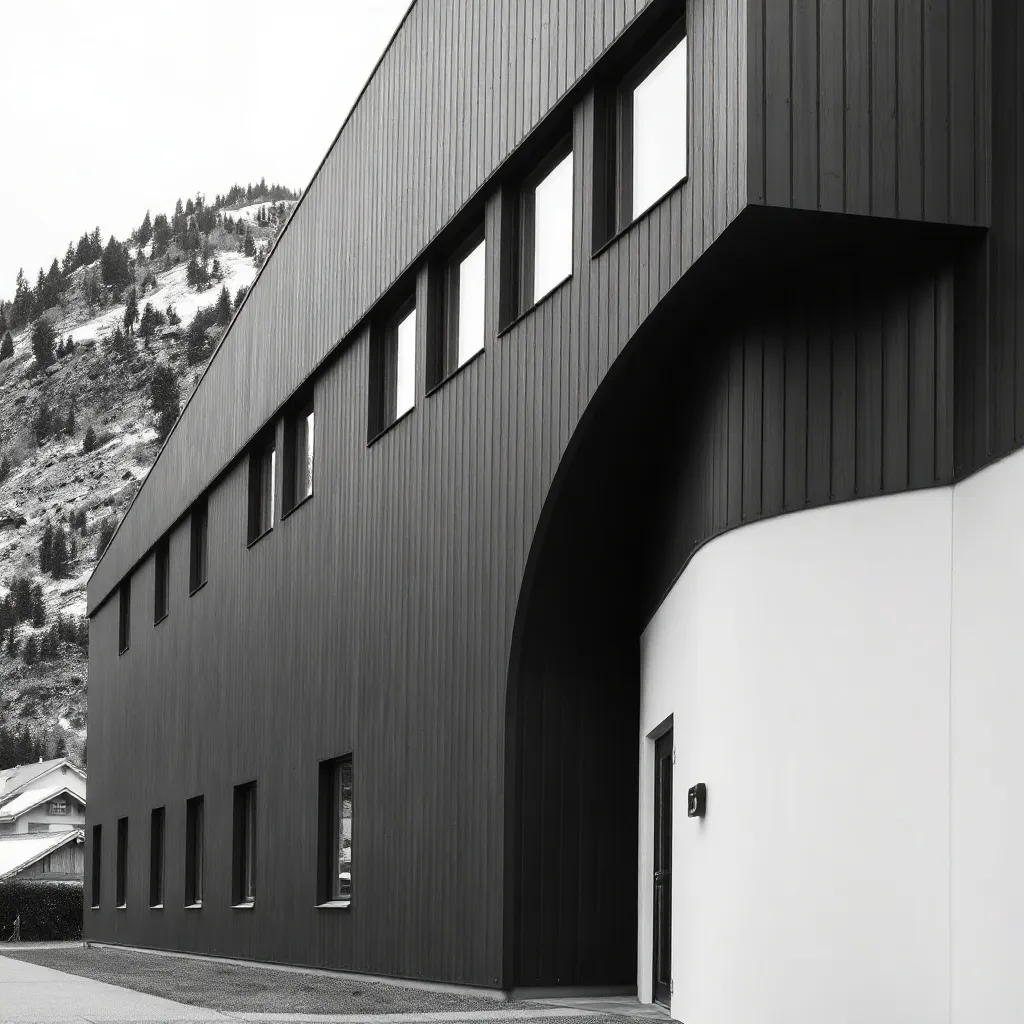A technical black and white photograph of a modern school bu
